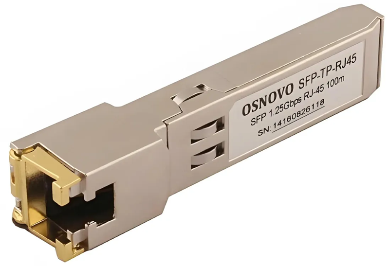 Медный SFP модуль OSNOVO SFP-TP-RJ45 Медный SFP модуль Gigabit Ethernet с разъемом RJ45. Скорость 10/100/1000 Мбит/с.Интерфейс: SGMII. Расстояние передачи - до 100 м. Размеры (ШхВхГ): 13,8x13,7x68мм. Рабочая температур