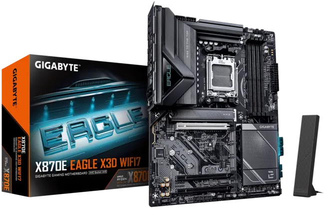 Материнская плата GIGABYTE X870E EAGLE X3D WIFI7, AM5, X870, 4*DDR5, 4*SATA, 4*M.2, 5*USB 3.2, Type-C, 3*PCIx16, HDMI, ATX