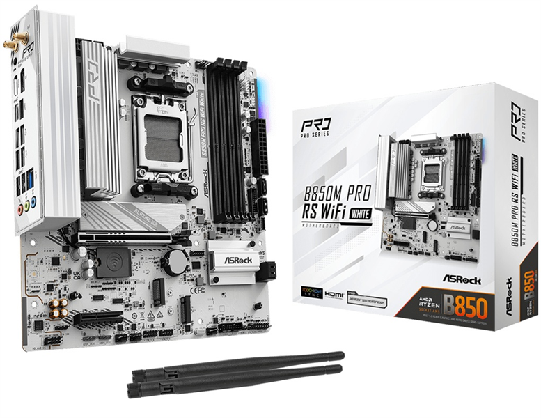 Материнская плата ASROCK B850M PRO RS WIFI WHITE, AM5, B850, 4*DDR5, 4*SATA, 3*M.2, 4*USB 2.0, 3*USB 3.2, Type-C, 2*PCIx16, 1*M.2 (Key E), HDMI+DP, mATX