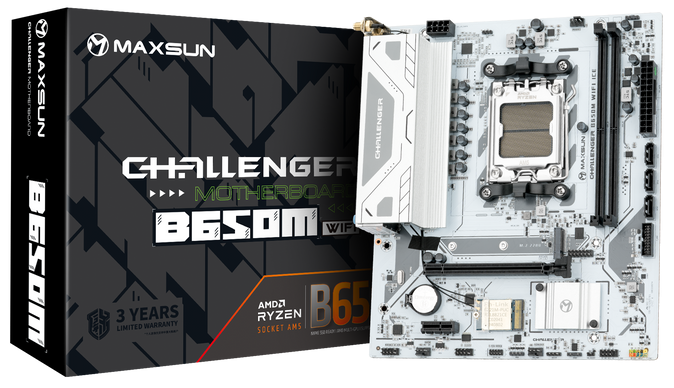 Материнская плата MAXSUN MS-Challenger B650M WIFI ICE V2, AM5, B650, 2*DDR5, 3*SATA 3.0, M.2, USB 3.2, USB 2.0, 1*PCIE 16, 1*PCIE 1, HDMI+DP, mATX