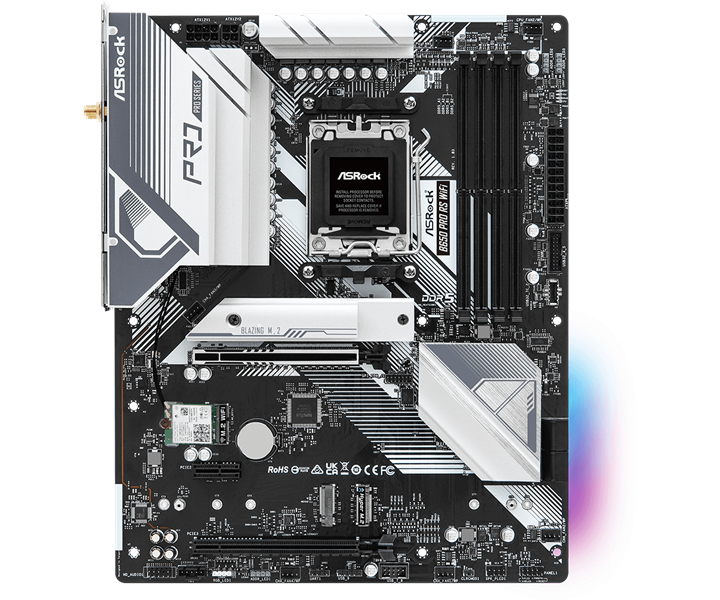 Материнская плата ASROCK B650 PRO RS WIFI, AM5, B650, 4*DDR5, 4*SATA, 3*M.2, 3*USB 3.2, 6*USB 2.0, Type-C, 2*PCIx16, 1*PCIx1, 1*M.2 (Key E), HDMI+DP, ATX