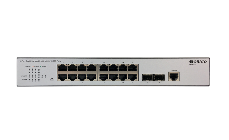 Коммутатор ORIGO Управляемый L2 коммутатор, 16x1000Base-T, 2x1000Base-X SFP, консольный порт RJ-45, комплект для установки в 19" стойку