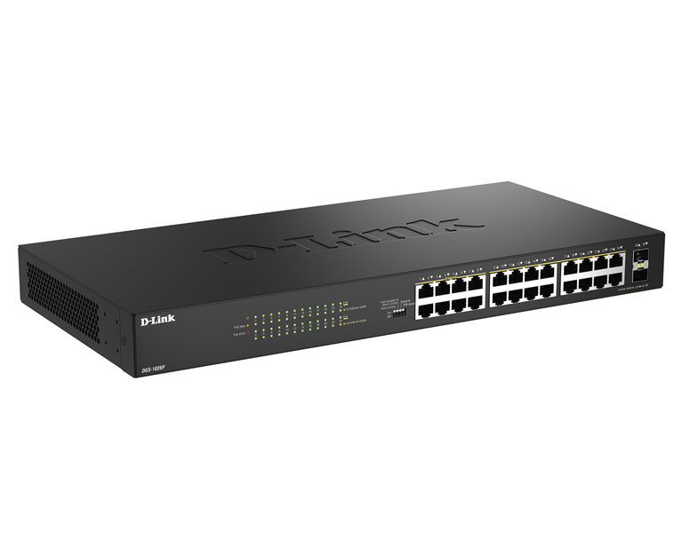 Коммутатор D-Link Конфигурируемый PoE-коммутатор, 24x1000Base-T PoE, 2x1000Base-X SFP, PoE-бюджет 240 Вт, дальность PoE до 250 м, DIP-переключатель, корпус металл