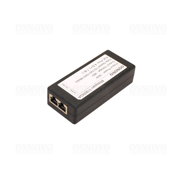 PoE-инжектор OSNOVO Midspan-1/300GA PoE-инжектор Gigabit Ethernet на 1 порт, мощностью до 30W. Совместим с оборудованием PoE IEEE 802.3af/at. Мощность PoE на порт - до 30W. Напряжение PoE - 48V(конт. 4,5(+), 7,8(-