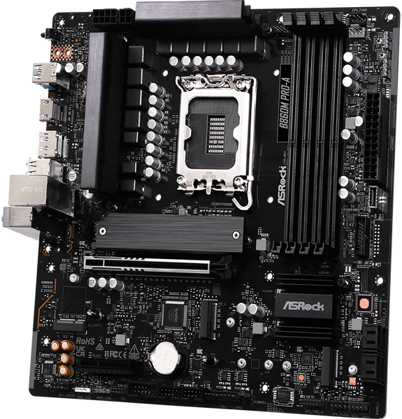 Материнская плата ASROCK B860M PRO-A, LGA1851, B860, 4*DDR5, 4*SATA, 4*M.2, 6*USB 3.2, 2*USB 2.0, Type-C, 2*PCIx16, 1*M.2 (Key E), HDMI+DP, mATX