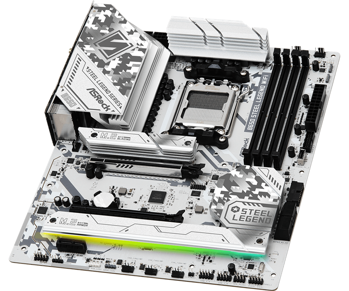 Материнская плата ASROCK B650 STEEL LEGEND WIFI, AM5, B650, 4*DDR5, 2*SATA, 3*M.2, 5*USB 3.2, 2*USB 2.0, Type-C, 2*PCIx16, 1*M.2 (Key E), HDMI+DP, ATX