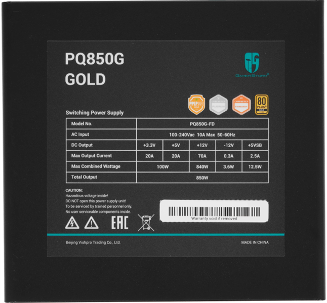 Блок питания Deepcool GAMERSTORM PQ850G (ATX 3.1, 850W, Full Cable Management, PWM 120mm fan, 80+ GOLD, Active PFC + Half Bridge + DC/DC, Full Japanese Capasitors, Gen5 PCIe) RET (R-PQ850G-FD0B-WGEU-V1)
