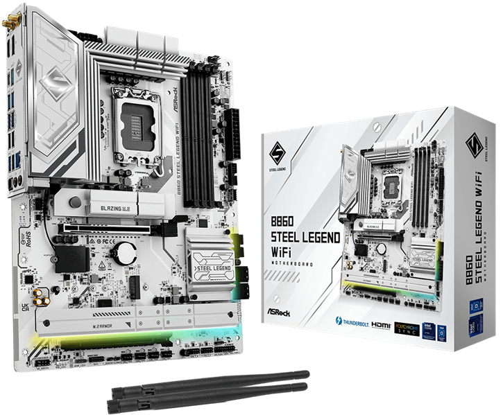 Материнская плата ASROCK B860 STEEL LEGEND WIFI, LGA1851, B860, 4*DDR5, 4*SATA, 4*M.2, 4*USB 3.2, 3*USB 2.0, Type-C, 2*PCIx16, 1*M.2 (Key E), HDMI+DP, ATX