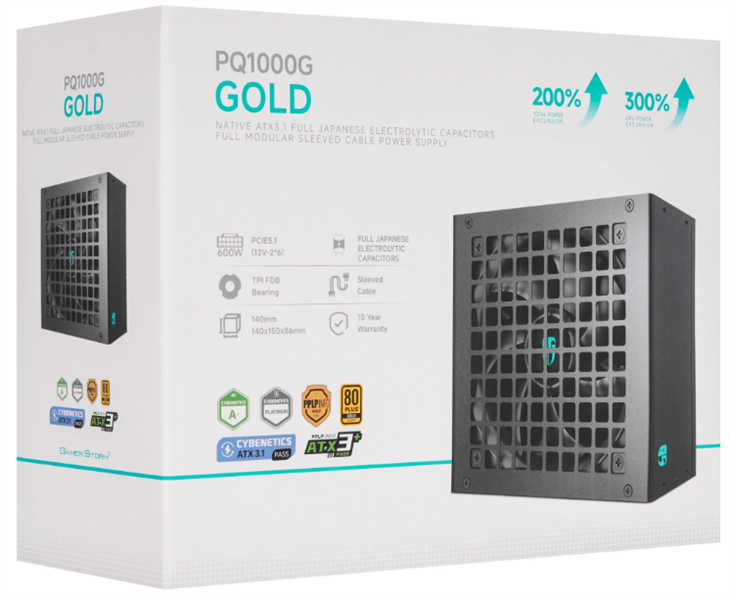 блок питания Deepcool GAMERSTORM PQ1000G (ATX 3.1, 1000W, Full Cable Management, PWM 120mm fan, 80+ GOLD, Active PFC + Half Bridge + DC/DC, Full Japanese Capasitors, Gen5 PCIe) RET (R-PQA00G-FD0B-WGEU-V1)