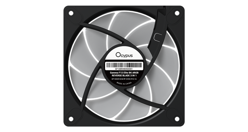 Вентилятор для корпуса Ocypus Gamma F12 Elite BK ARGB REVERSE BLADE 3 IN 1, 120x120x25mm, 4-PIN PWM, 600-1800 RPM, 26 DBA MAX, HYDRO BEARING