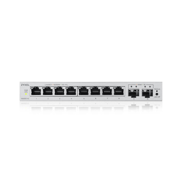 Коммутатор Web Smart L2 коммутатор Zyxel GS1200-10v3, 8xGE, 2xSFP, настольный, бесшумный