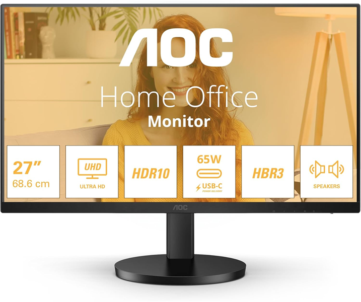 Монитор 27" AOC 3840x2160 WLED 16:9 IPS 350cd, 1000:1, 20M:1, 4ms, 178°/178°, 2xHDMI, USB hub: 2*USB3.2, USB-C(65W), 60Hz, Speakers, Tilt, Height, VESA, Internal, Black, 3y