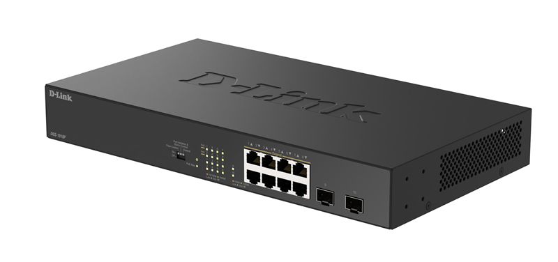 Коммутатор D-Link Конфигурируемый PoE-коммутатор, 8х1000Base-T PoE, 2x1000Base-X SFP, PoE-бюджет 125 Вт, дальность PoE до 250 м, DIP-переключатель, корпус металл