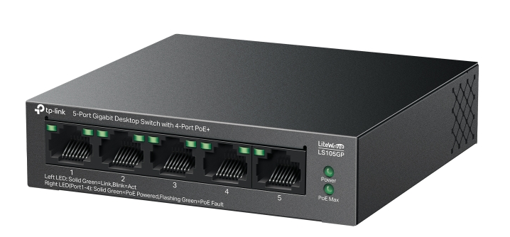коммутатор TP-Link LS105GP, 5-Port Gigabit Desktop Switch with 5-Port PoE+, 65 W, 250m