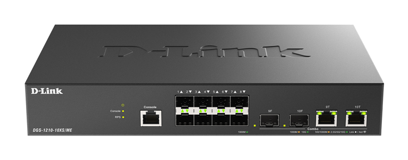 коммутатор D-Link Управляемый L2 коммутатор, 8x1000Base-X SFP, 2xCombo 10GBase-T/SFP+, защита от статического электричества до 6 кВ, CLI, консольный порт RJ-45, RPS, поддержка Dying Gasp
